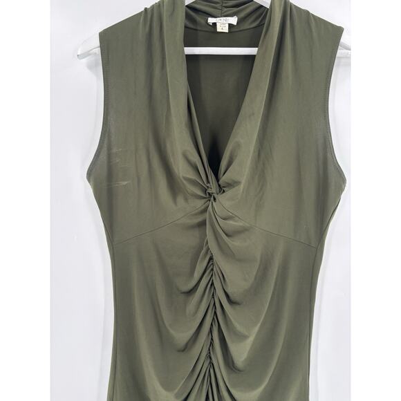 Vintage Cache Blouse Womens Large Army Green Sleeveless Ruched V Neck Stretchy - Picture 3 of 14